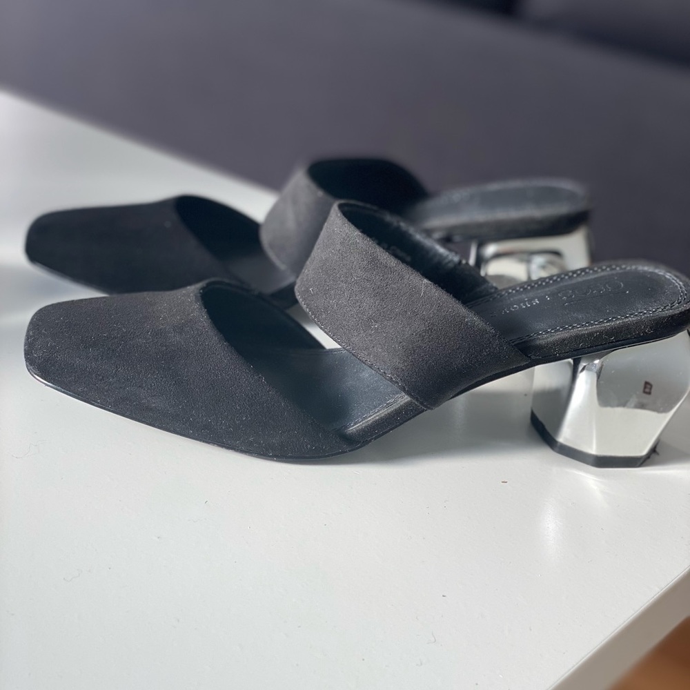 ASOS BLACK SUEDE MULES WITH CHROME HEEL - WORN ONCE